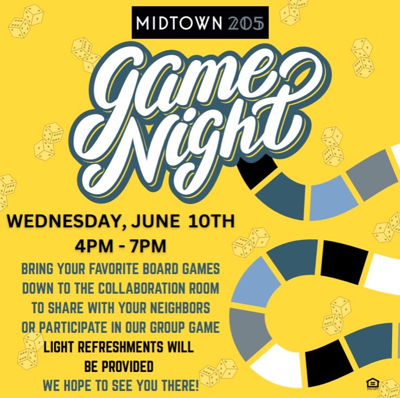 Community Game Night at Midtown 205 — Bring your favorite Game (OR) participate in our group game on Wednesday, June 10th - starting at 4PM! Please express interest - it helps us plan better! Plus, you'll get reminders.