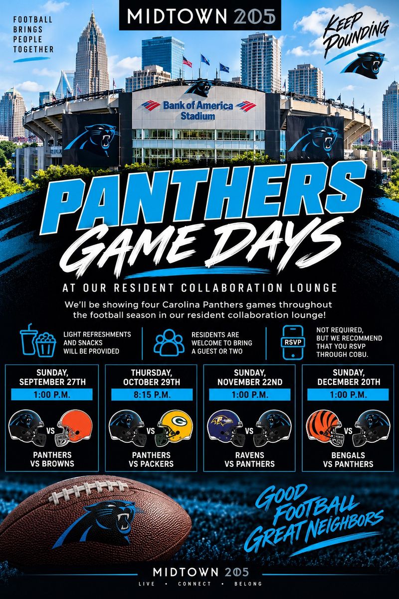 Panthers Game Days Watch Party — We'll be showing Carolina Panthers games throughout the football season in our resident collaboration lounge! Please express interest - it helps us plan better! Plus, you'll get reminders.