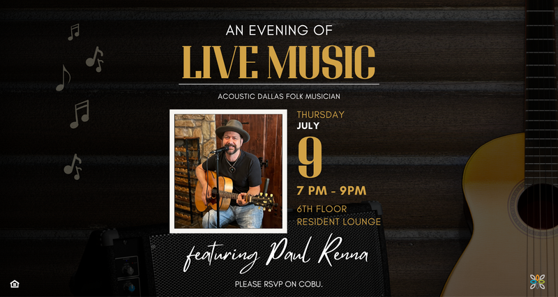 Live Music with Paul Renna — SIT BACK, RELAX, AND ENJOY LIVE ACOUSTIC PERFORMANCES BY DALLAS FOLK MUSICIAN PAUL RENNA. IT'S THE PERFECT EVENING TO CONNECT WITH NEIGHBORS AND ENJOY GREAT MUSIC! DRINKS WILL BE PROVIDED. Please express interest - it helps us plan better! Plus, you'll get reminders.