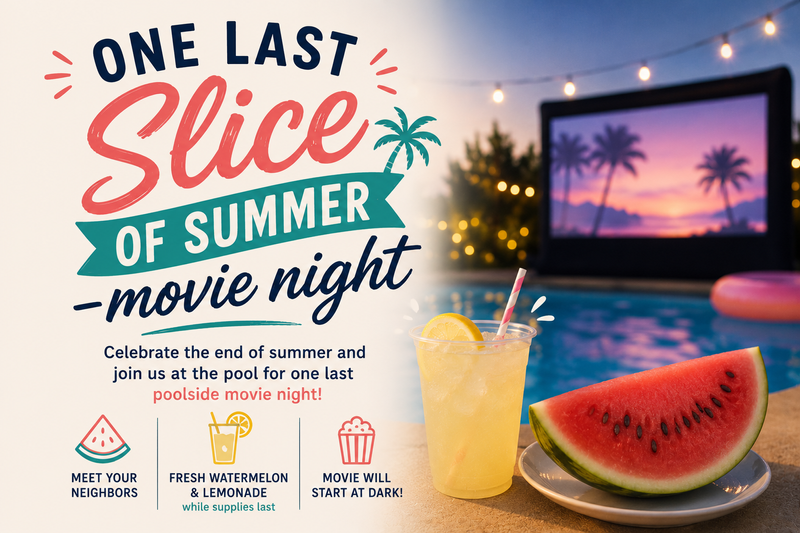 One last Slice of summer -movie night  — Celebrate the end of summer and join us at the pool for one last poolside move night! meet your neighbors and eat fresh watermelon and lemonade while supplies last. Movie will start at dark! Please express interest - it helps us plan better! Plus, you'll get reminders.