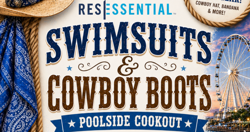 Swimsuits & Cowboy Boots Poolside Cookout — Throw on your swimsuit and cowboy boots and join us poolside for an afternoon of great food, cold drinks, and summer fun! Enjoy a live DJ, 360° photo booth, pool raffle, and more. The first 30 residents will receive complimentary rodeo gear. Open bar is available for residents 21+. Please express interest - it helps us plan better! Plus, you'll get reminders.