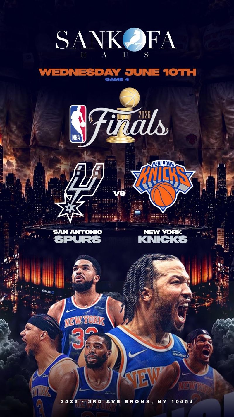NBA Finals Game 4 Watch Party — The finals are heating up, and there's no better place to catch all the action than with us! Join fellow basketball fans for an unforgettable NBA Finals Game 4 Watch Party featuring a lively atmosphere, great company, and all the excitement of championship basketball. Date - June 10, 2026 Tip-Off - 8:30PM Location - Sankofa Haus (2422 3rd Avenue, Bronx, NY 10454) Watch every possession, celebrate every big play, and experience the energy of the Finals on the big screen. Whether you're cheering for your favorite team or just love the game, this is the perfect way to enjoy one of basketball's biggest nights. Please express interest - it helps us plan better! Plus, you'll get reminders.