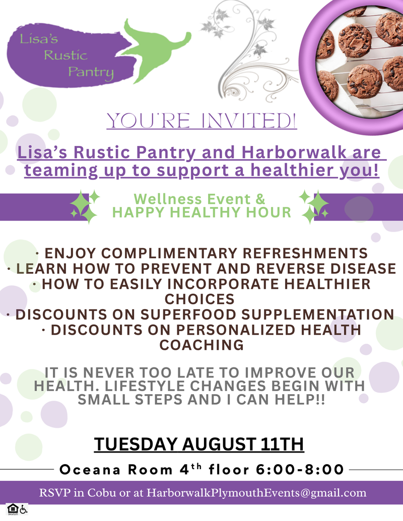 Health Habits Happy Hour — Meet Lisa of the Rustic Pantry. She is a health coach specializing in healthy meal planning. She will be bringing samples of her all natural cookies. Please express interest - it helps us plan better! Plus, you'll get reminders.