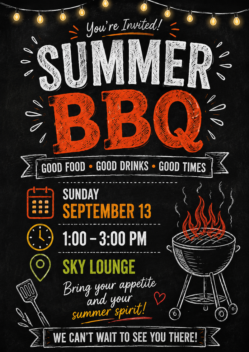 Summer BBQ  — Resident Summer BBQ Sunday September 13th from 1-3pm Please express interest - it helps us plan better! Plus, you'll get reminders.
