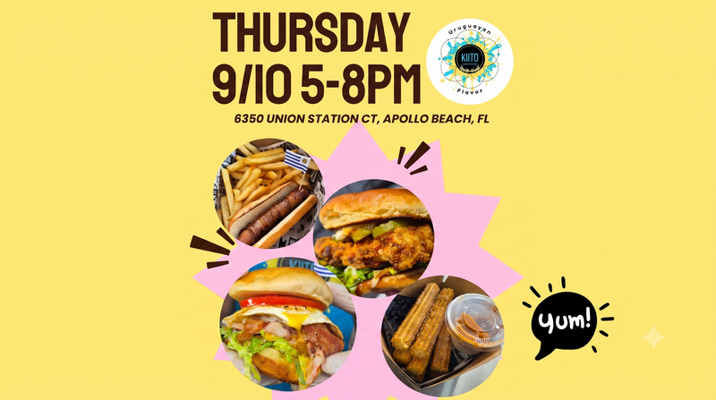 **NEW FOOD TRUCK** Kiito — Get ready to treat your taste buds this Thursday, 9/10 from 5 PM to 8 PM! ⏰😋 We’re serving up authentic, mouthwatering Uruguayan flavors that you definitely don't want to miss! 🍔🌭✨ 📍 Ridley 🌟 On the Menu: 🌭 Juicy Hot Dogs & Crispy Fries 🍟🇺🇾 🍗 Golden Crispy Chicken Sandwiches 🥪🔥 🍔 Gourmet Burgers with All the Fixings 🥓🧀🥬 🥖 Fresh, Cinnamon-Sugar Churros with Sweet Dulce de Leche 🍩🍯🤤 Bring your friends, bring your family, and bring your appetite! 🤤🎉 Tag someone who needs a churro fix today! 👇❤️ #UruguayanFlavor #ApolloBeachEats #Foodie #Churros #Burgers #ApolloBeach #ThursdayVibes #Yum 😋✨ Please express interest - it helps us plan better! Plus, you'll get reminders.