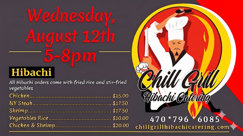 Chill Grill Hibachi — They Are Back!!!! Chill Grill Hibachi Catering is firing up the grill 🔥 🚚✨ Come taste the sizzle 😋 — every hibachi plate comes with fried rice 🍚 + stir-fried veggies 🥦🍄🥕 Here’s what’s on the menu: 🍗 Chicken Hibachi – juicy & seasoned to perfection 🥩 NY Steak Hibachi – tender & mouthwatering 🍤 Shrimp Hibachi – grilled golden & savory 🥦 Vegetable Rice – light, fresh & flavorful 🍗🍤 Chicken & Shrimp Combo – the best of both worlds 🥩🍗 NY Steak & Chicken – hearty & satisfying 🥩🍤 NY Steak & Shrimp – a surf & turf treat 🥩🍗🍤 NY Steak, Chicken & Shrimp Trio – the ultimate plate! 🥤 Plus refreshing drinks to wash it all down! ✨ Don’t miss this one, neighbors — let’s welcome them big and eat good! 🎉 Please express interest - it helps us plan better! Plus, you’ll get reminders.