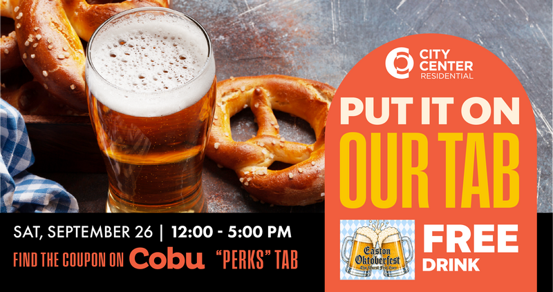 Put It On Our Tab: Free drink at Easton Oktoberfest — The first 200 residents to show their Cobu coupon will receive a free drink from participating vendors at Easton Oktoberfest on Saturday, September 26, from 12-5 p.m. Please express interest - it helps us plan better! Plus, you'll get reminders.