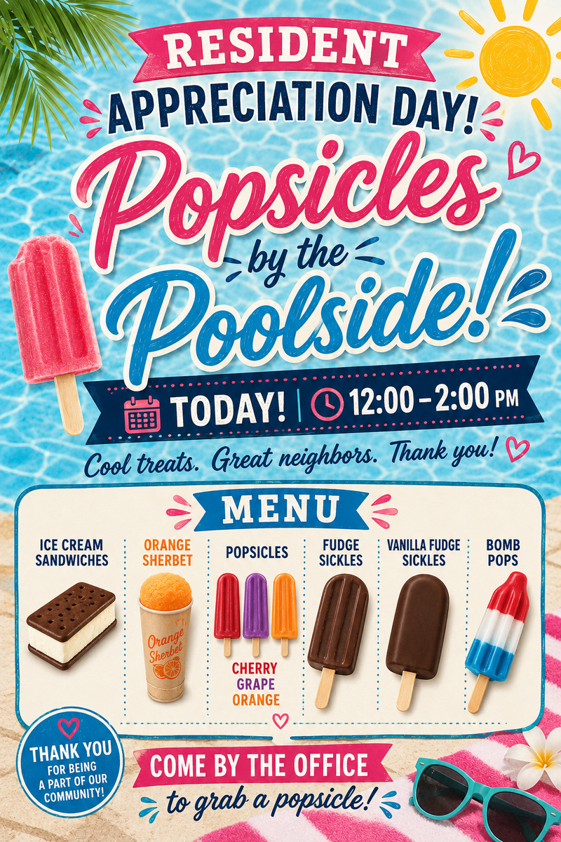 Happy Resident Appreciation Day — Thank you for being the best part of Flora! Please stop by the office to pick up your favorite popsicle and enjoy it poolside. We hope to see you soon! Please express interest - it helps us plan better! Plus, you'll get reminders.
