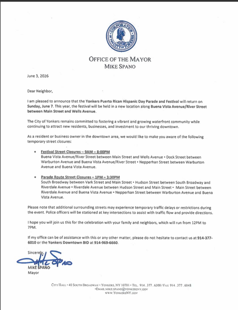 STREET CLOSED 6/7/2026  — Street will be closed due to the Yonkers Puerto Rican Hispanic Day parade. STREET CLOSED FROM 9AM - 8PM Please express interest - it helps us plan better! Plus, you'll get reminders.
