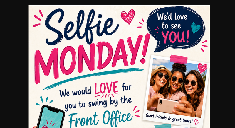 Selfie Monday — Strike a pose and help us celebrate our amazing community during Selfie Monday! Stop by the front office, snap a selfie by yourself, with family, friends, pets, or even a favorite team member, then add it to our community Selfie Wall. We can’t wait to see your smiling faces and show our appreciation for the wonderful residents who make our community special. Please express interest - it helps us plan better! Plus, you'll get reminders.