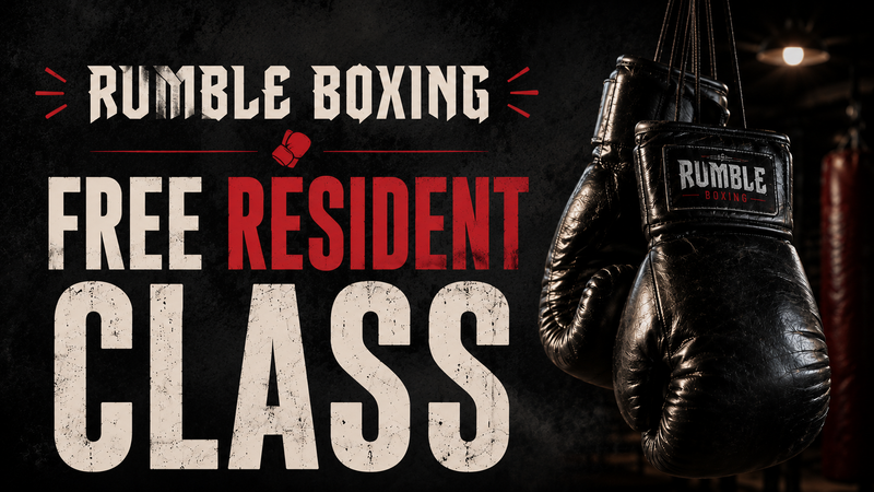 Rumble Boxing Free Class — Step into the ring and experience a high-energy Rumble Boxing class—completely free for residents! Whether you're a first-timer or a seasoned boxer, this class is a fun way to get moving and try something new. Please arrive 15 minutes early for check-in. Free glove rentals are included; hand wraps are available for purchase. 40 Spots Available – Registration Required https://lp.rumbleboxinggym.com/try