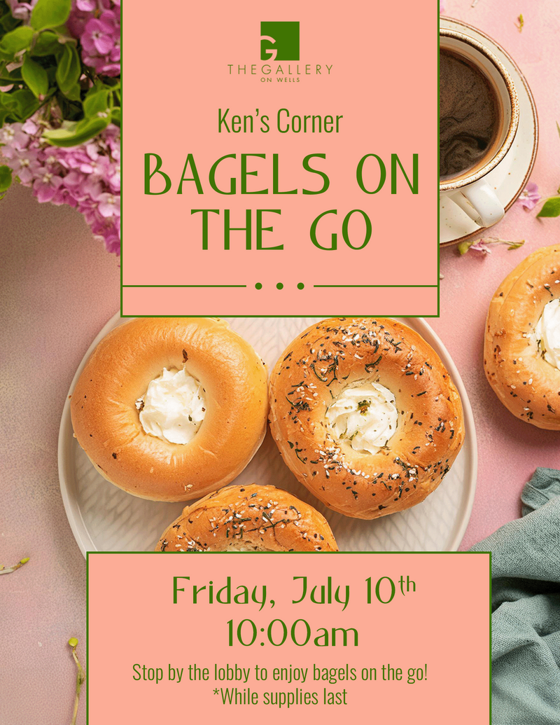 Bagels in Lobby on Friday! — Swing by Ken's corner (Gallery's Lobby) for bagels on Friday 7/10, starting at 10AM until supplies last. Please express interest - it helps us plan better! Plus, you'll get reminders.