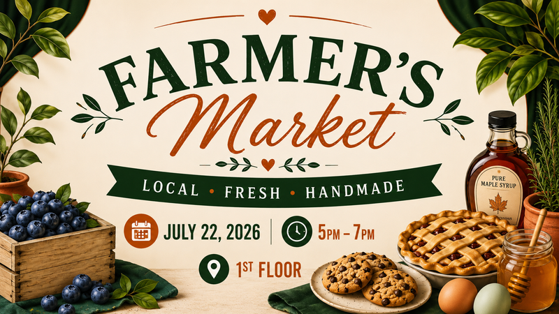 Farmer’s Market — Shop local and discover a variety of fresh, handmade, and locally sourced goods at this neighborhood Farmer’s Market. Browse delicious baked treats, seasonal produce, artisan products, and more while supporting local vendors. Whether you’re looking for something fresh for the week or simply want to explore, there’s something for everyone. Please express interest - it helps us plan better! Plus, you'll get reminders.