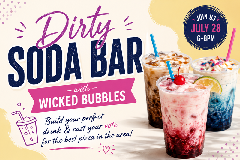 Dirty Soda Bar with Wicked Bubbles — Join us for a fun evening featuring a Dirty Soda Bar by Wicked Bubbles! Create your perfect custom soda, cast your vote for the best pizza in the area, and spend time with your neighbors. Please RSVP in Cobu to help us plan for the event. Please express interest - it helps us plan better! Plus, you'll get reminders.