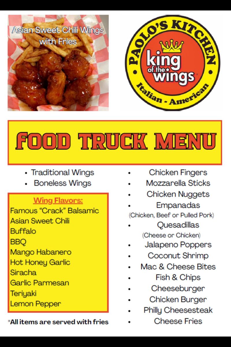 Food Truck - Wednesday - 7/1 Paolo's Kitchen — Come enjoy a taste of The King of Wings! •	Mozzarella Sticks •	Chicken Fingers •	Chicken Nuggets •	Quesadillas •	Jalapeno Poppers •	Coconut Shrimp Please see the attached menu for additional details! Best, The Link Management Team
