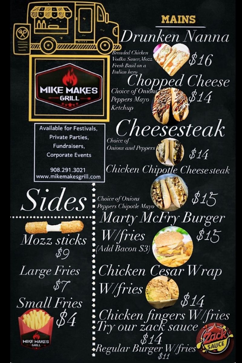 Food Truck - Wednesday - 7/8 Mike Make's Grill — Come enjoy Mike Makes Grill! •	Cheese Steak •	Mozzarella Sticks •	French Fries •	Drunken Nanna •	Chopped Cheese •	Burgers Please see the attached menu for additional details! Best, The Link Management Team