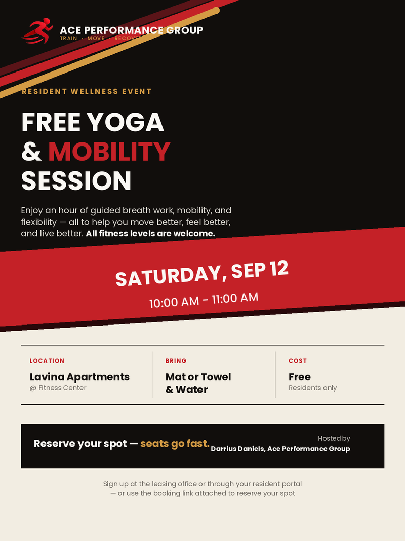 ACE Performance Yoga/Mobility Class — Booking Link: https://booking-calendar-aceperformancegroup.setmore.com/classes/914fed59-c6bf-4426-8461-89d866ebb3cf Please express interest - it helps us plan better! Plus, you'll get reminders.