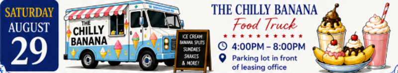 The Chilly Banana Food Truck — Cool off with delicious frozen treats, banana splits, sundaes, shakes, and more. Please express interest - it helps us plan better! Plus, you'll get reminders.