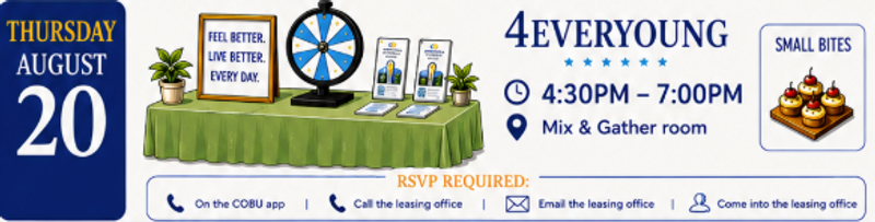 4Everyoung Wellness Event — Stop by to learn more about wellness and recovery while enjoying complimentary small bites. Please express interest - it helps us plan better! Plus, you'll get reminders.